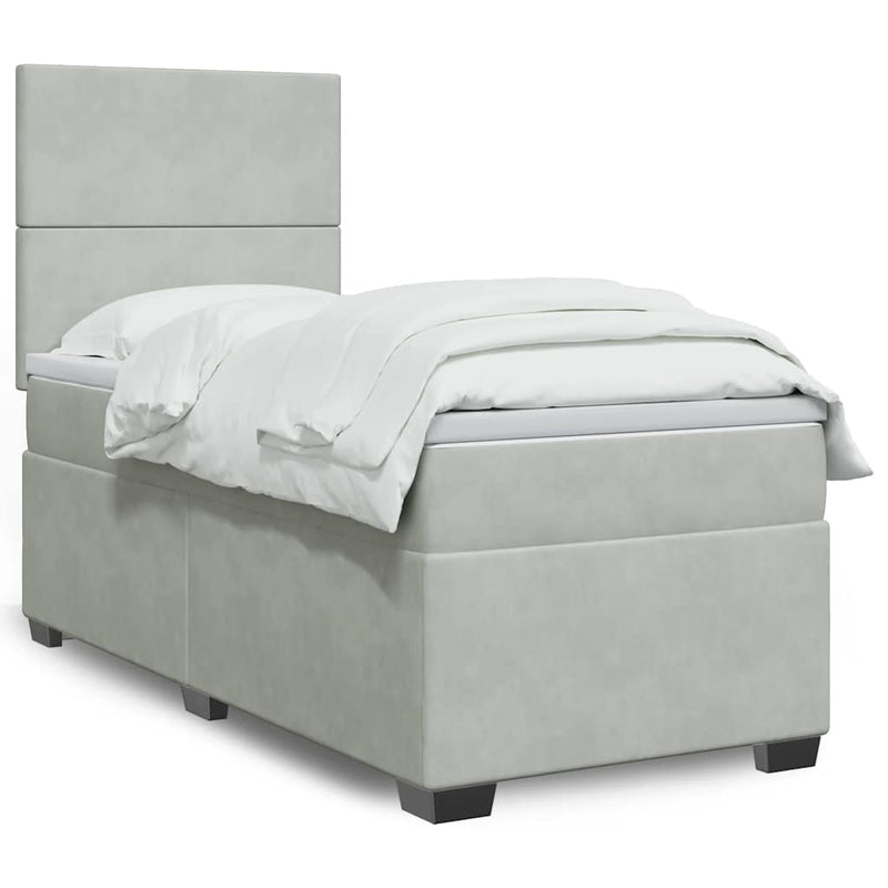 Pat box spring cu saltea, gri deschis, 100x200 cm, catifea