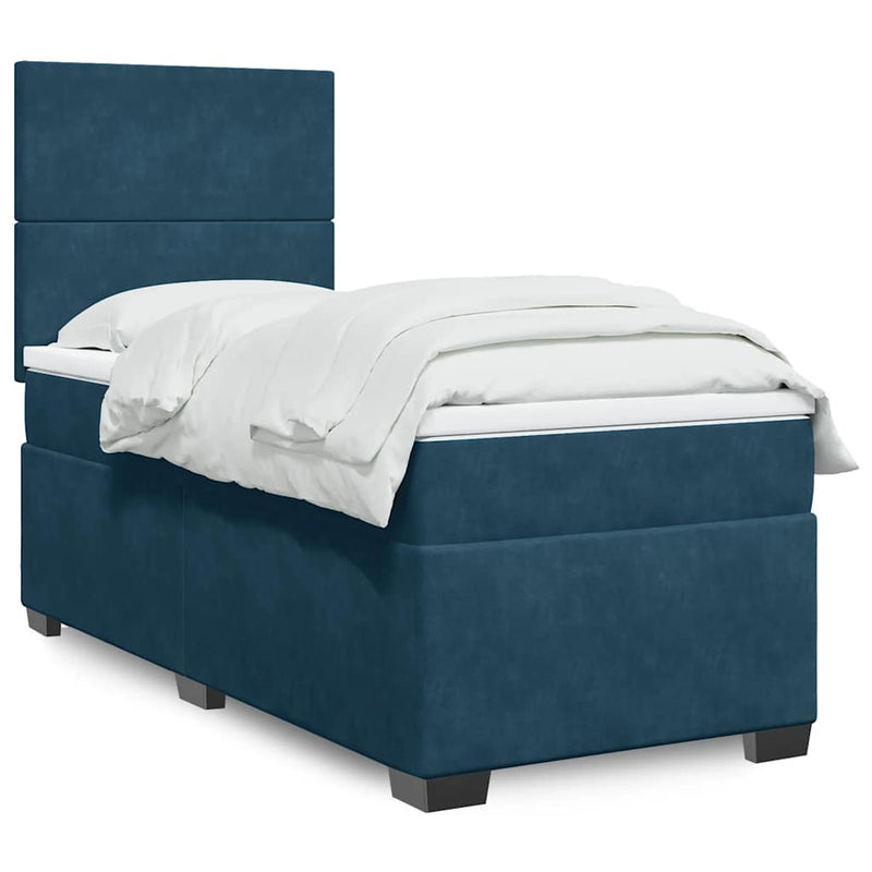 Pat box spring cu saltea, albastru, 100x200 cm, catifea