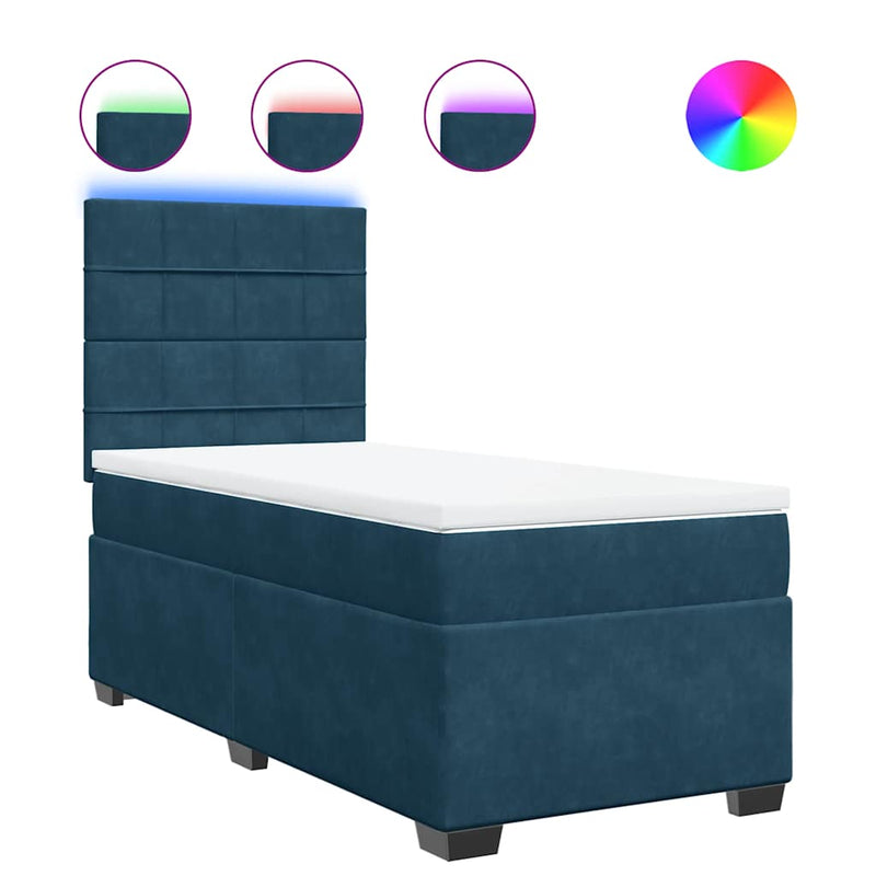 Pat box spring cu saltea, albastru, 100x200 cm, catifea