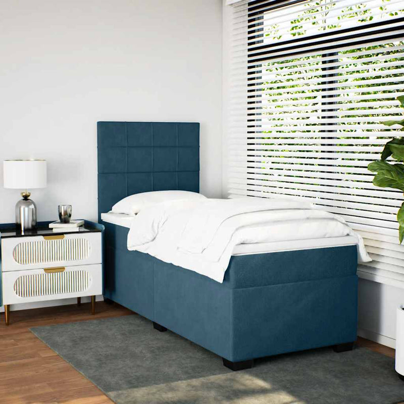 Pat box spring cu saltea, albastru, 100x200 cm, catifea