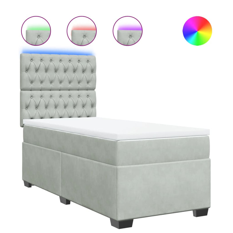 Pat box spring cu saltea, gri deschis, 100x200 cm, catifea