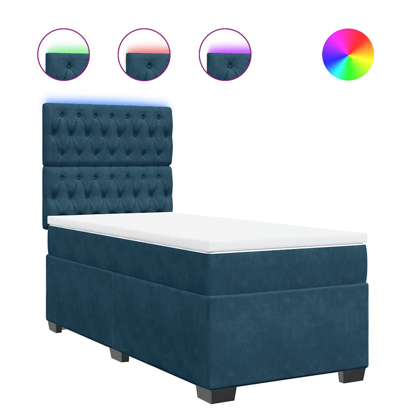 Pat box spring cu saltea, albastru, 100x200 cm, catifea