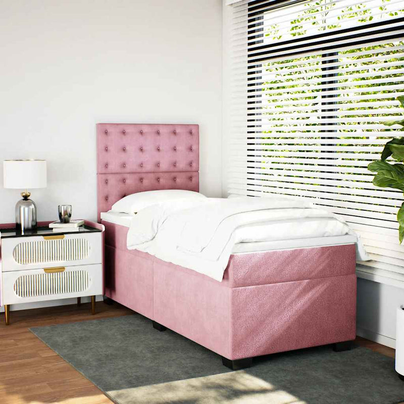 Pat box spring cu saltea, roz, 100x200 cm, catifea