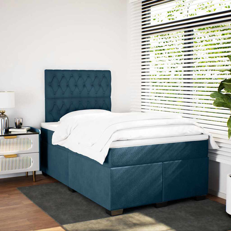 Pat box spring cu saltea, albastru, 120x200 cm, catifea