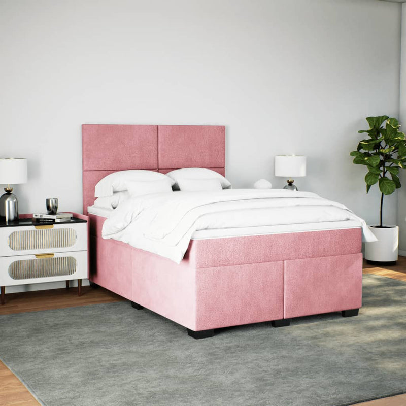 Pat box spring cu saltea, roz, 140x190 cm, catifea