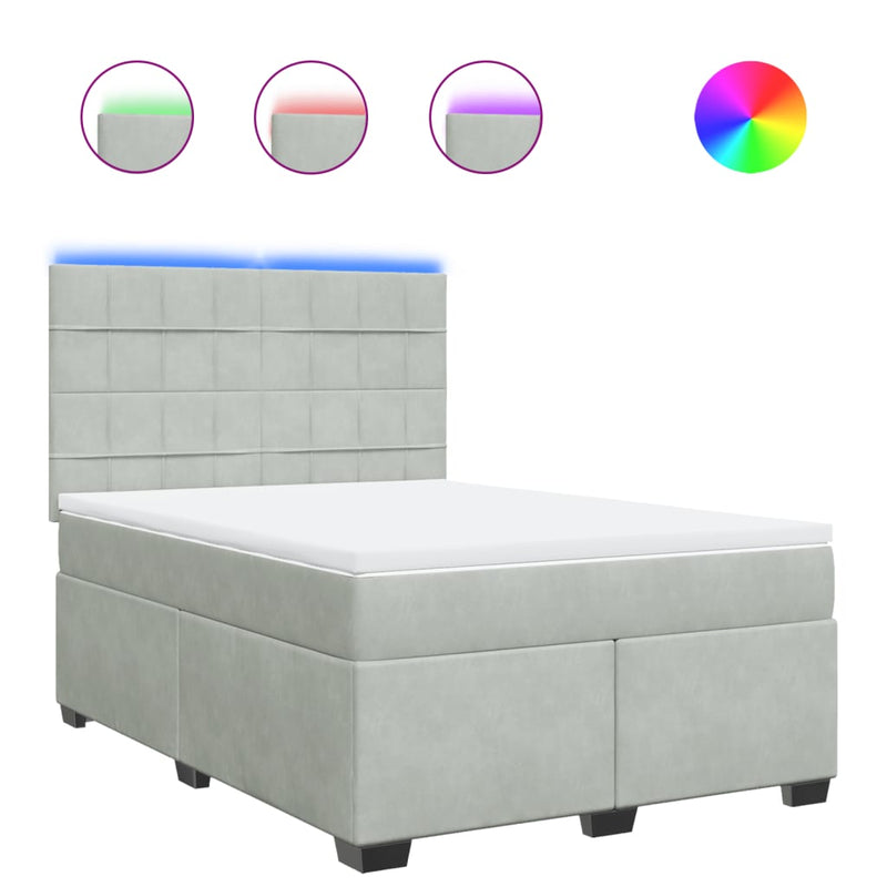 Pat box spring cu saltea, gri deschis, 140x190 cm, catifea