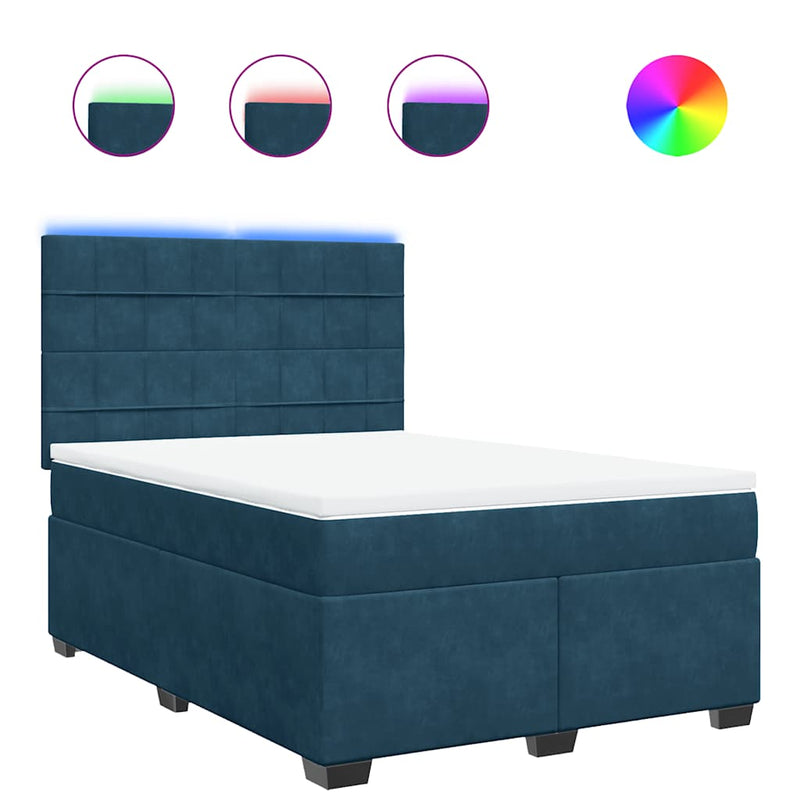 Pat box spring cu saltea, albastru, 140x190 cm, catifea