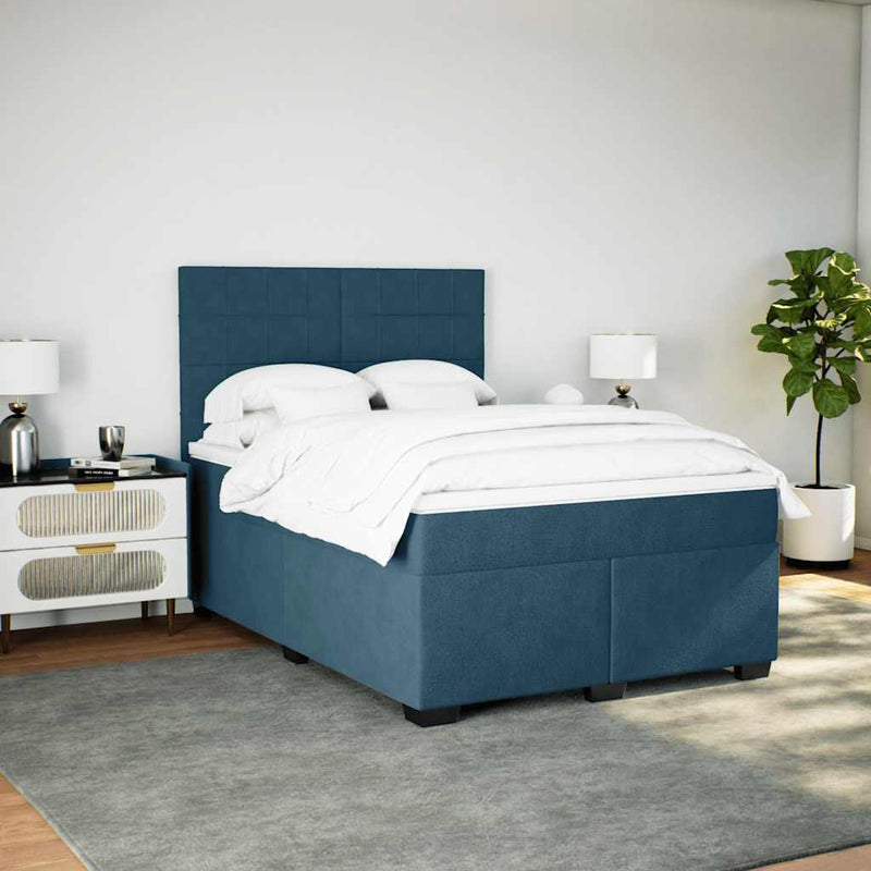 Pat box spring cu saltea, albastru, 140x190 cm, catifea