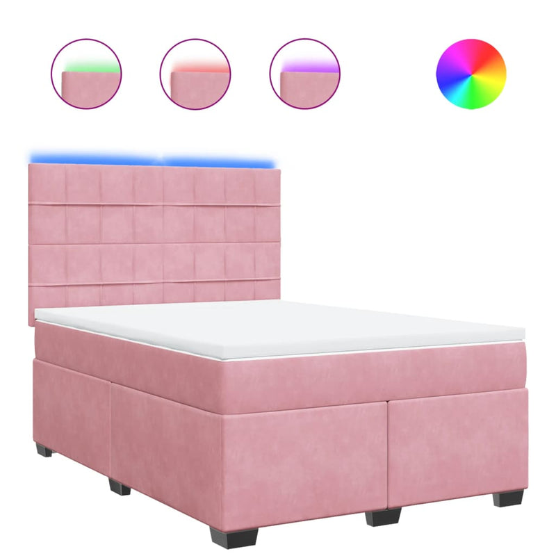Pat box spring cu saltea, roz, 140x190 cm, catifea