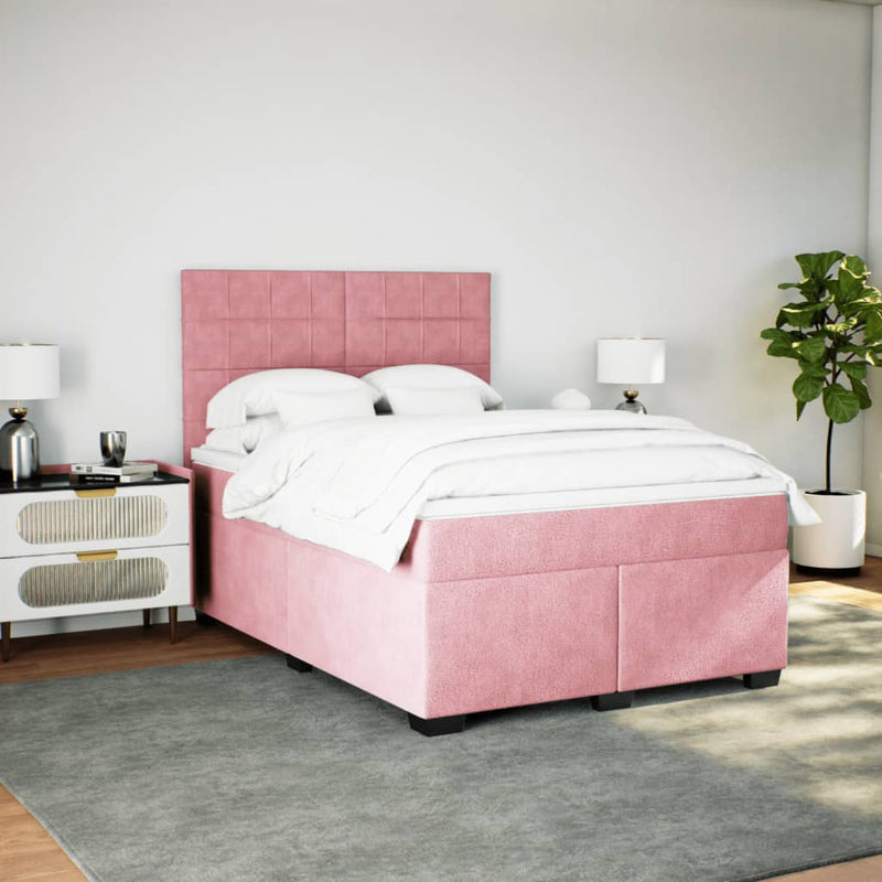 Pat box spring cu saltea, roz, 140x190 cm, catifea
