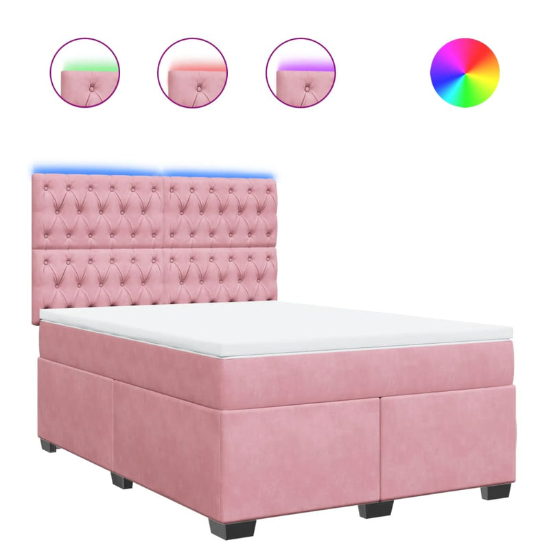 Pat box spring cu saltea, roz, 140x190 cm, catifea