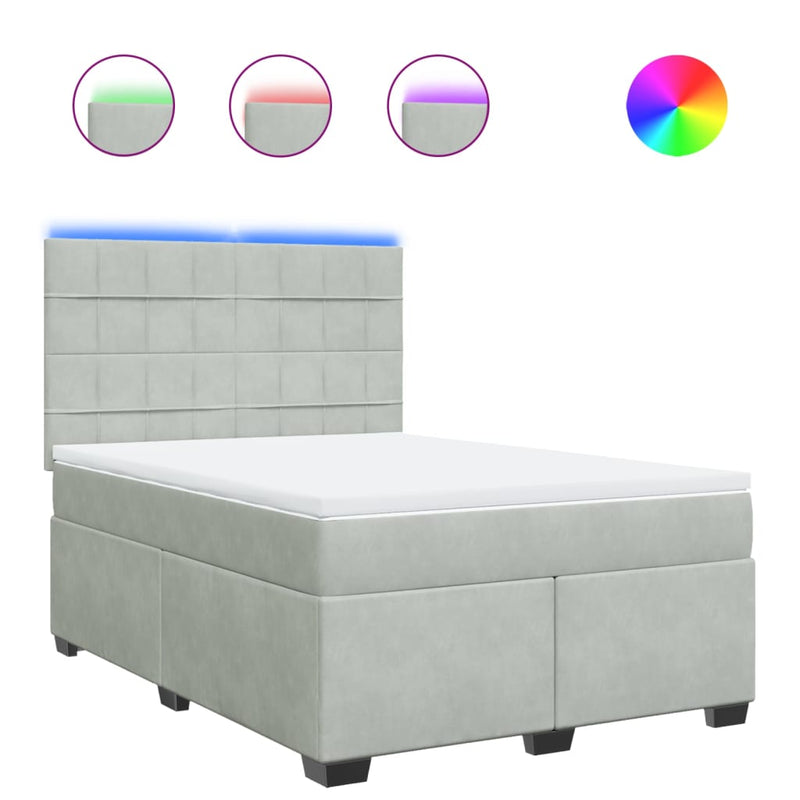 Pat box spring cu saltea, gri deschis, 140x200 cm, catifea