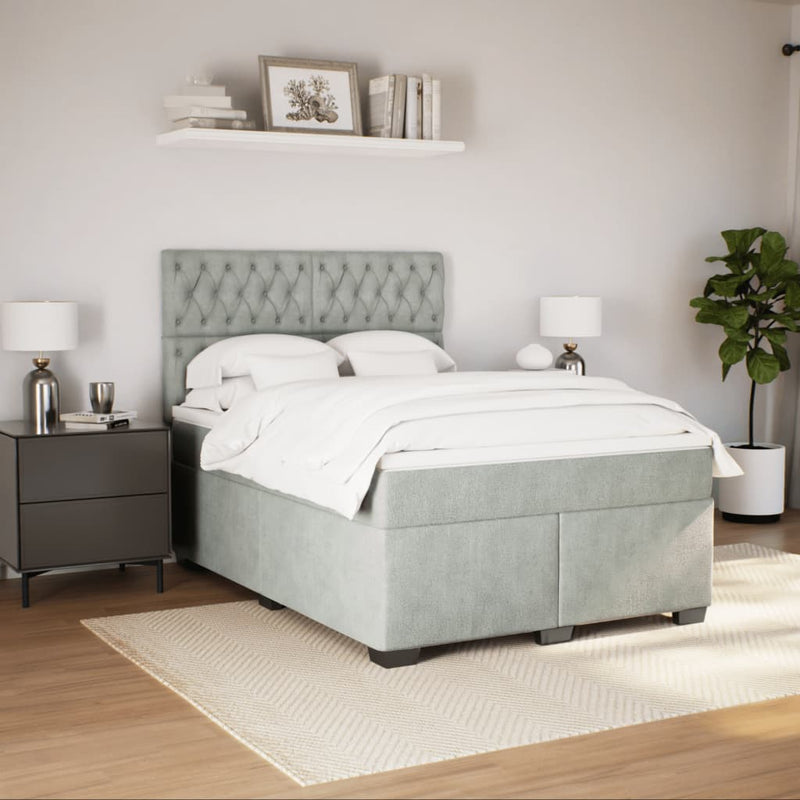 Pat box spring cu saltea, gri deschis, 140x200 cm, catifea