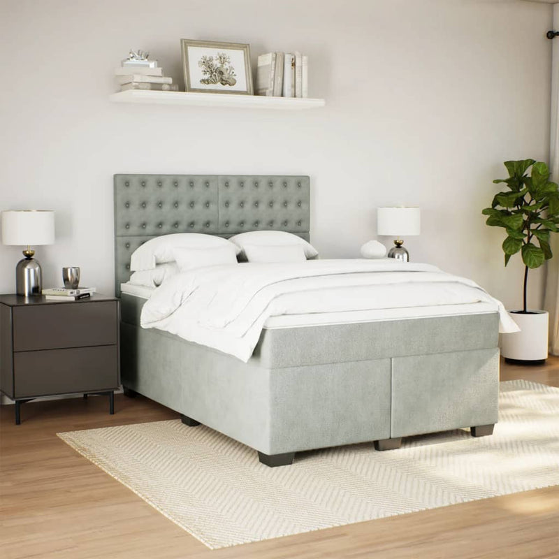 Pat box spring cu saltea, gri deschis, 140x200 cm, catifea