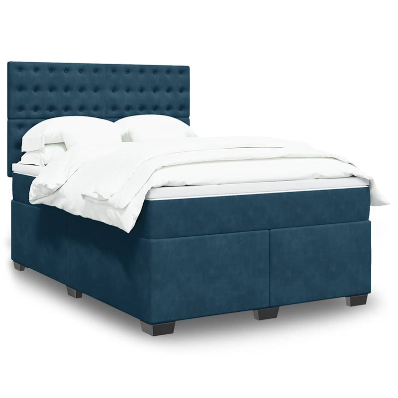 Pat box spring cu saltea, albastru, 140x200 cm, catifea
