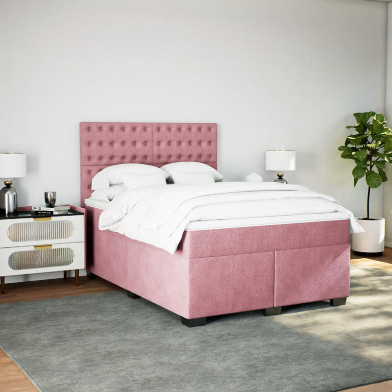 Pat box spring cu saltea, roz, 140x200 cm, catifea