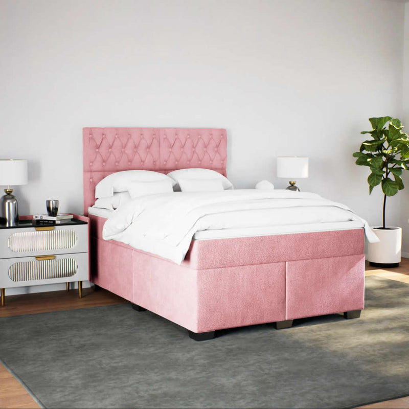 Pat box spring cu saltea, roz, 160x200 cm, catifea