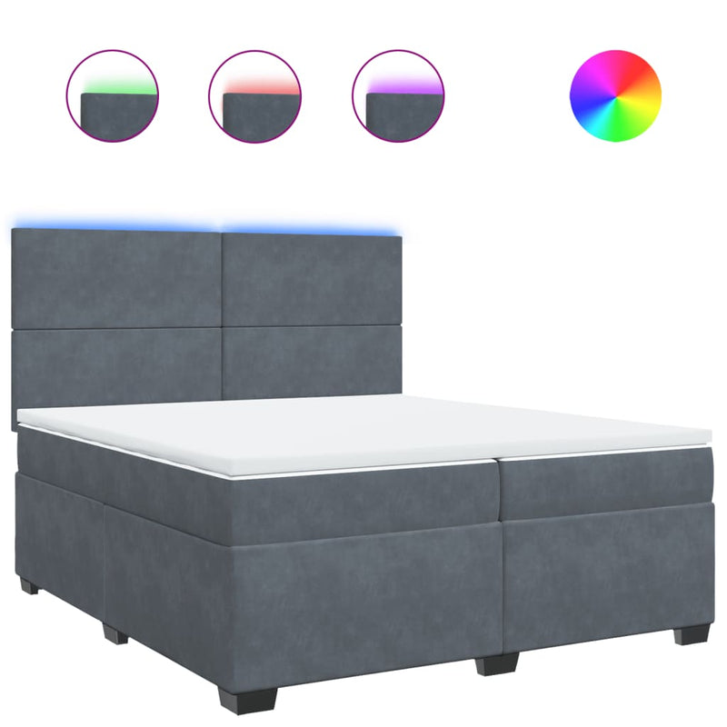 Pat box spring cu saltea, gri închis, 200x200 cm, catifea