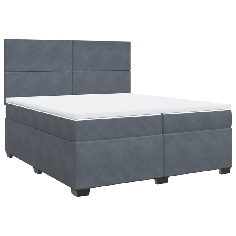 Pat box spring cu saltea, gri închis, 200x200 cm, catifea