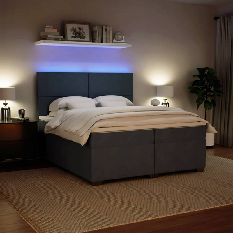 Pat box spring cu saltea, gri închis, 200x200 cm, catifea
