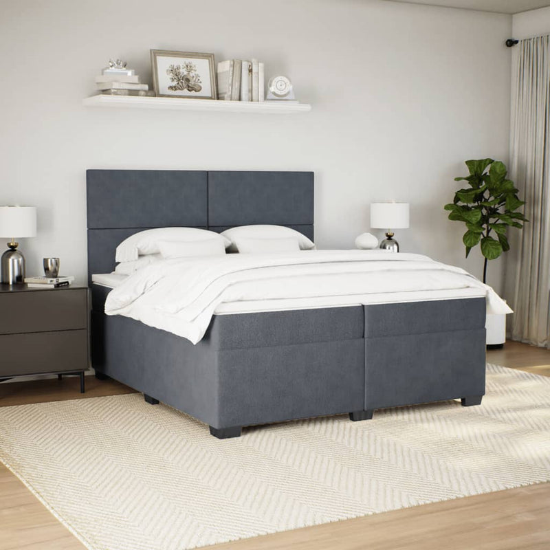 Pat box spring cu saltea, gri închis, 200x200 cm, catifea