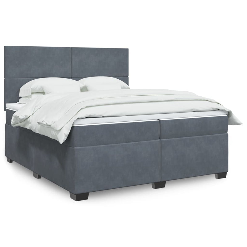 Pat box spring cu saltea, gri închis, 200x200 cm, catifea