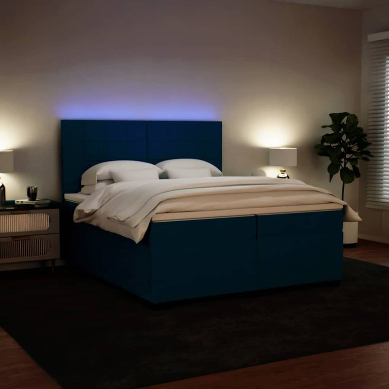 Pat box spring cu saltea, albastru, 200x200 cm, catifea