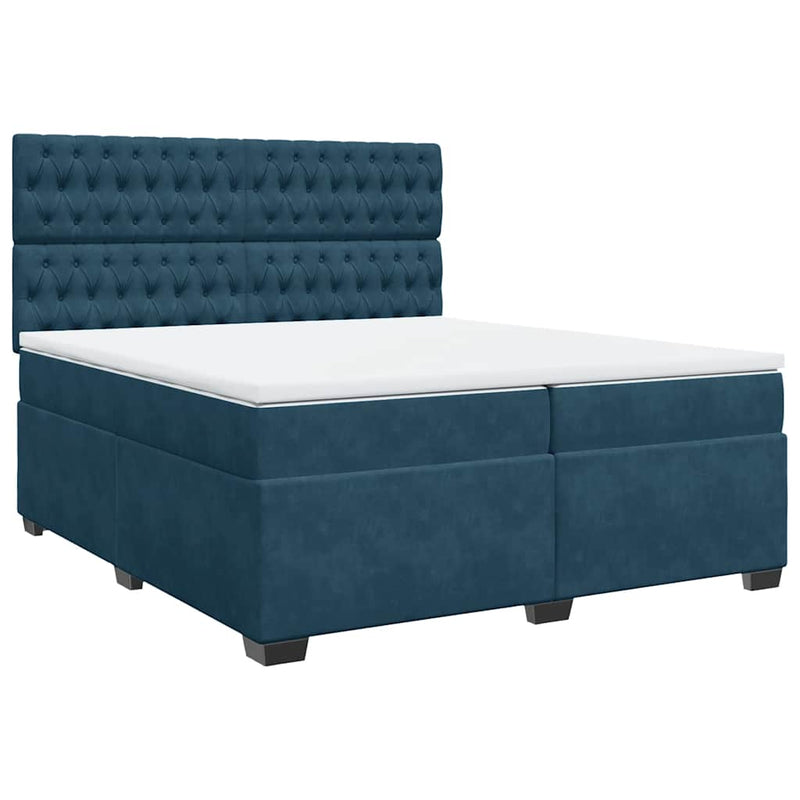 Pat box spring cu saltea, albastru, 200x200 cm, catifea