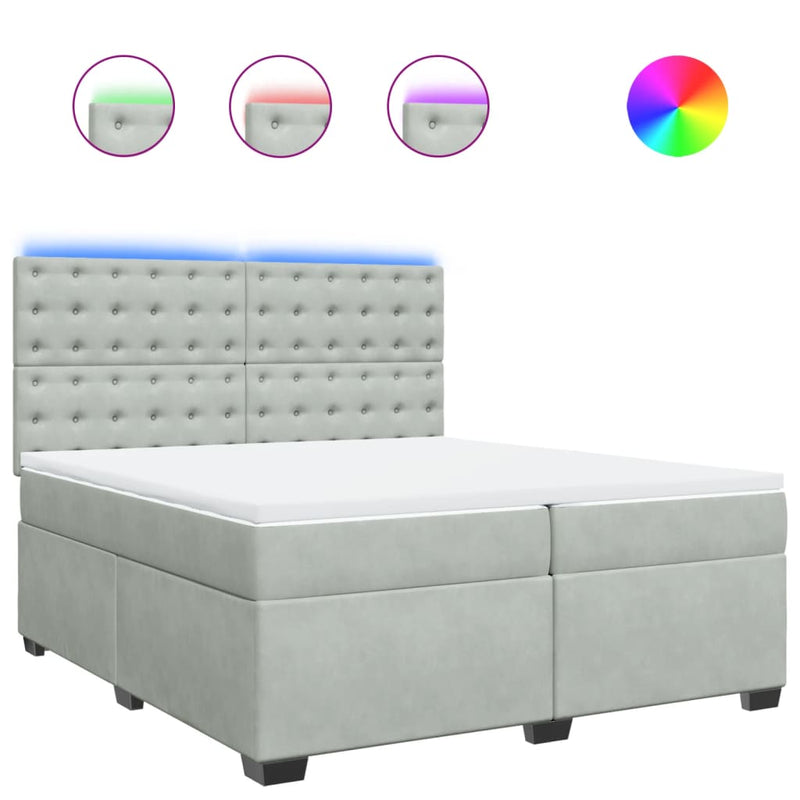 Pat box spring cu saltea, gri deschis, 200x200 cm, catifea