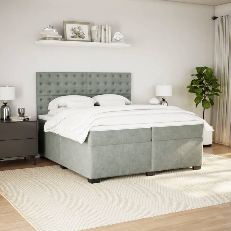 Pat box spring cu saltea, gri deschis, 200x200 cm, catifea