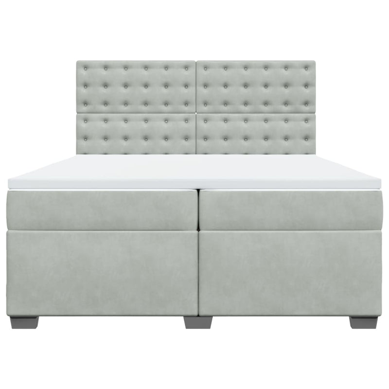 Pat box spring cu saltea, gri deschis, 200x200 cm, catifea