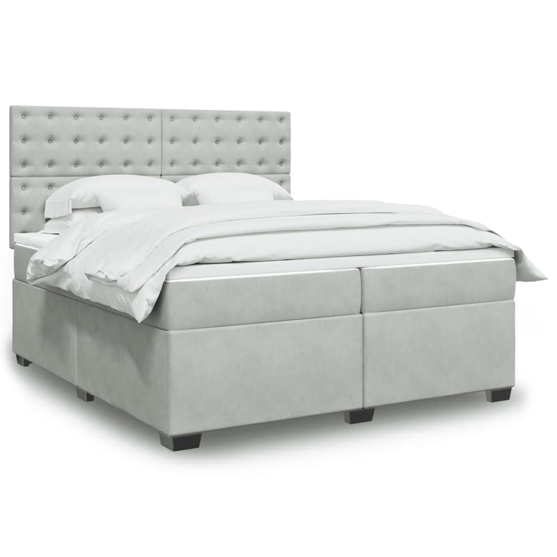 Pat box spring cu saltea, gri deschis, 200x200 cm, catifea