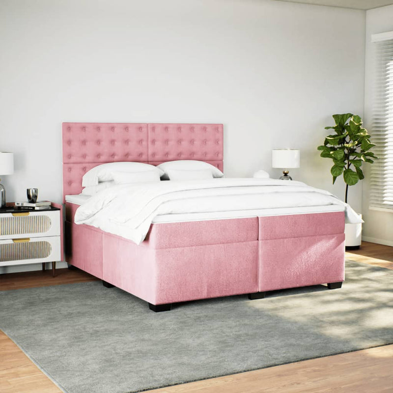 Pat box spring cu saltea, roz, 200x200 cm, catifea