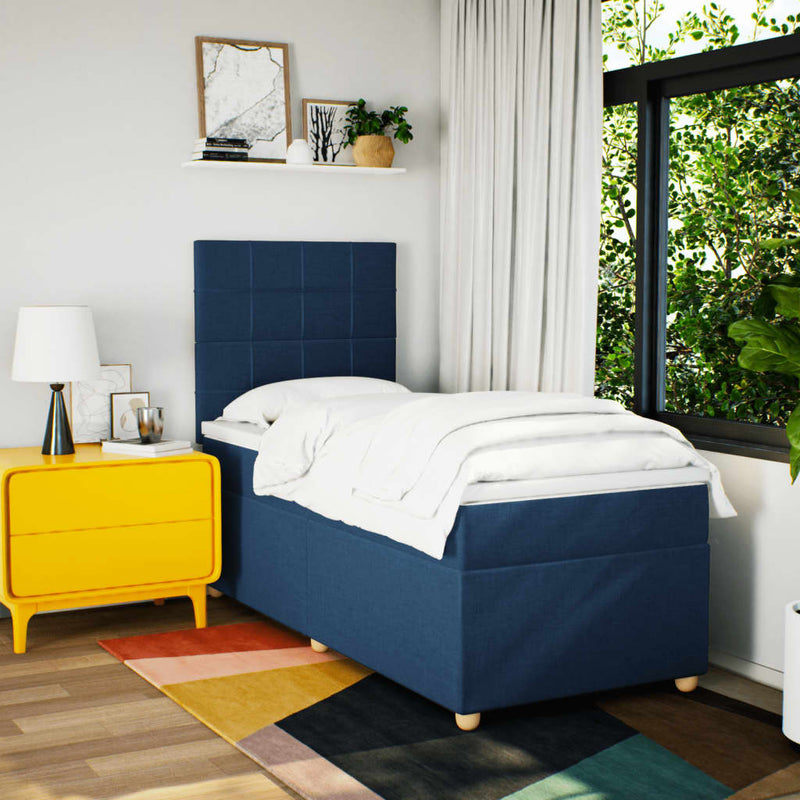Pat box spring cu saltea, albastru, 90x200 cm, textil