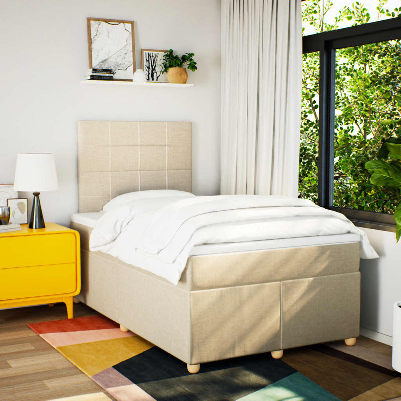 Pat box spring cu saltea, crem, 120x200 cm, textil