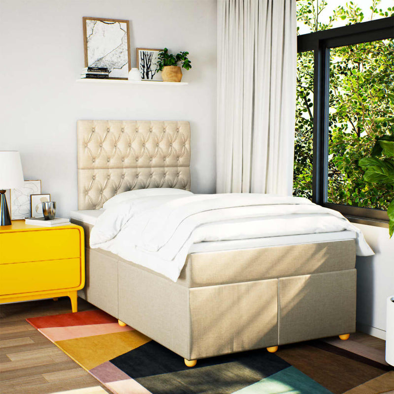Pat box spring cu saltea, crem, 120x200 cm, textil