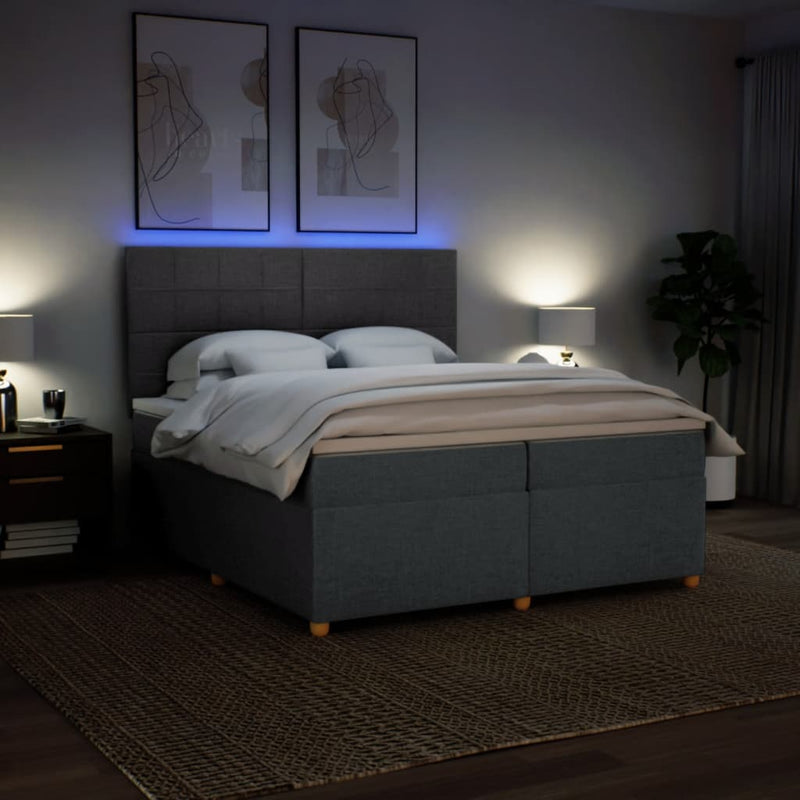 Pat box spring cu saltea, gri închis, 200x200 cm, textil