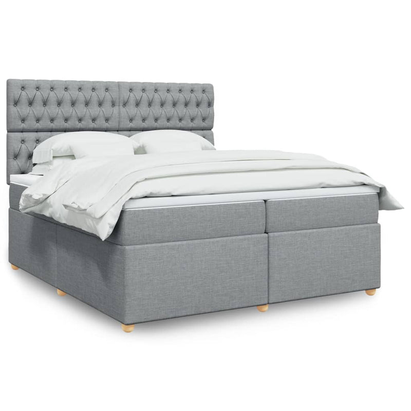 Pat box spring cu saltea, gri deschis, 200x200 cm, textil