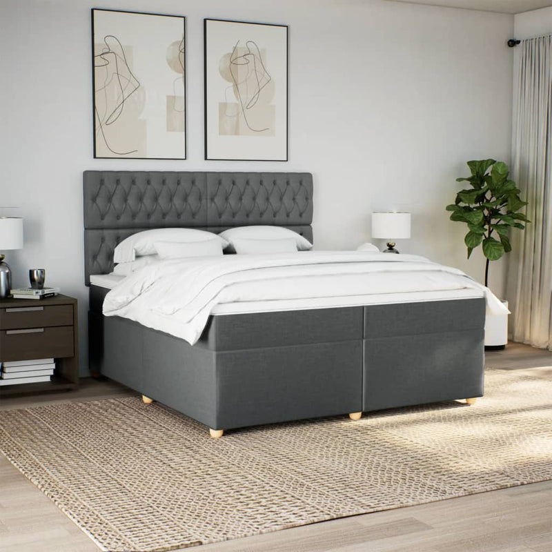 Pat box spring cu saltea, gri închis, 200x200 cm, textil
