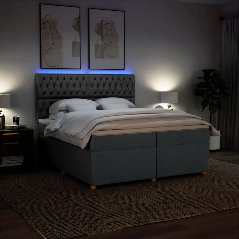 Pat box spring cu saltea, gri închis, 200x200 cm, textil