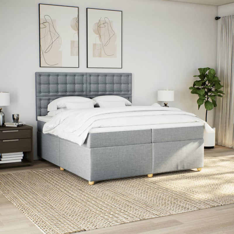 Pat box spring cu saltea, gri deschis, 200x200 cm, textil