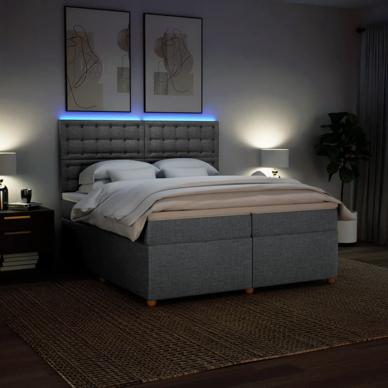 Pat box spring cu saltea, gri deschis, 200x200 cm, textil