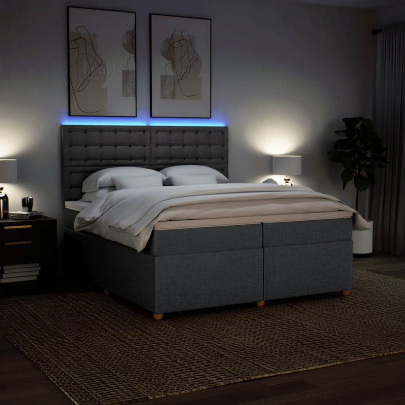 Pat box spring cu saltea, gri închis, 200x200 cm, textil