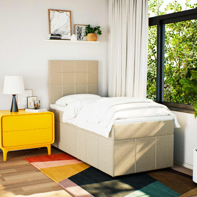 Pat box spring cu saltea, crem, 90x200 cm, textil