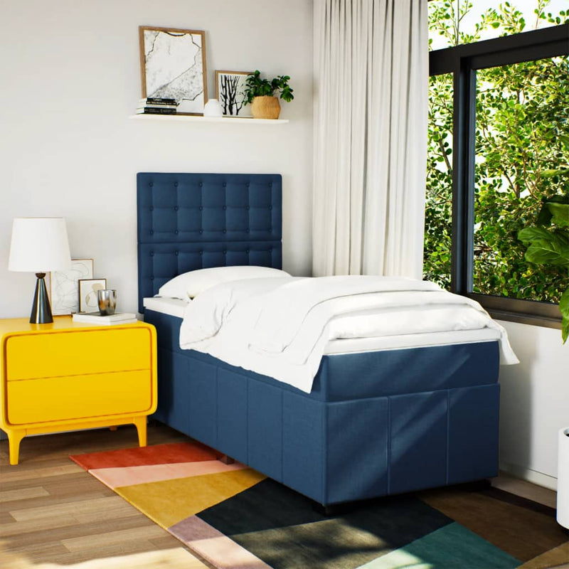 Pat box spring cu saltea, albastru, 90x200 cm, textil