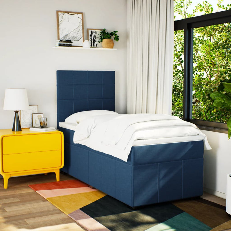 Pat box spring cu saltea, albastru, 100x200 cm, textil