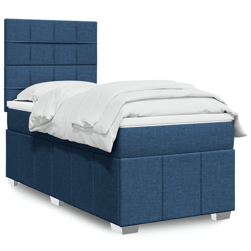 Pat box spring cu saltea, albastru, 100x200 cm, textil