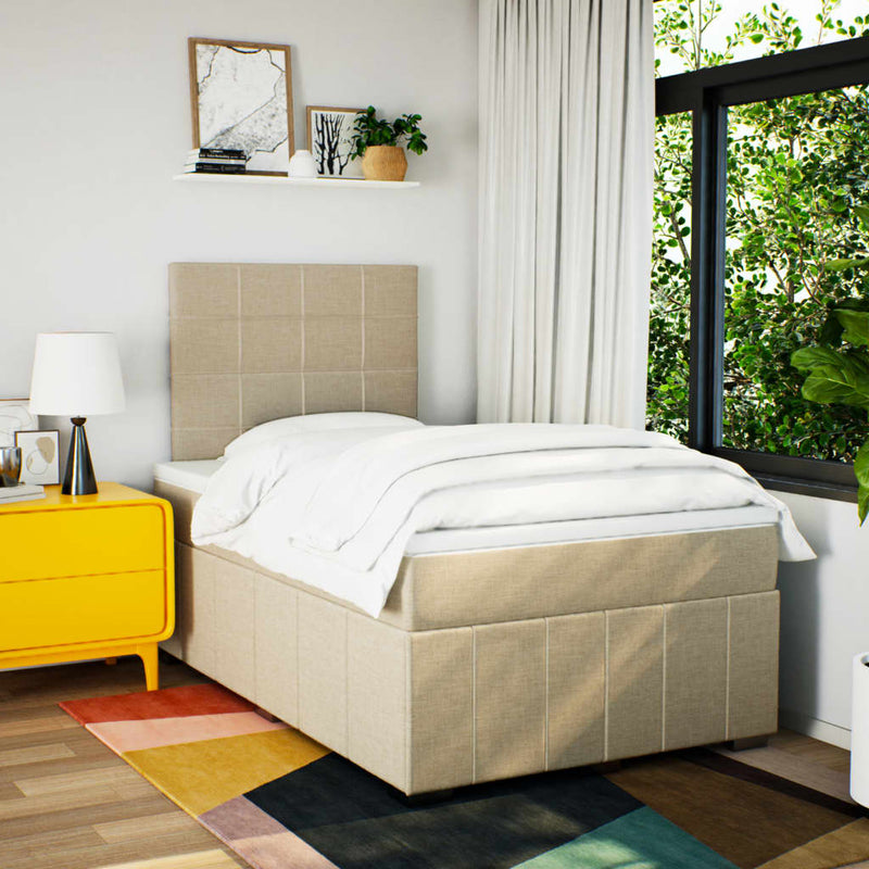 Pat box spring cu saltea, crem, 120x200 cm, textil