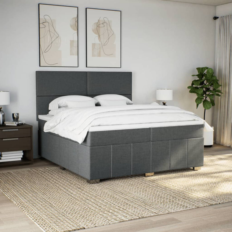 Pat box spring cu saltea, gri închis, 200x200 cm, textil