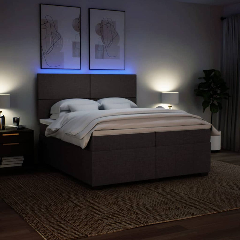 Pat box spring cu saltea, maro închis, 200x200 cm, textil